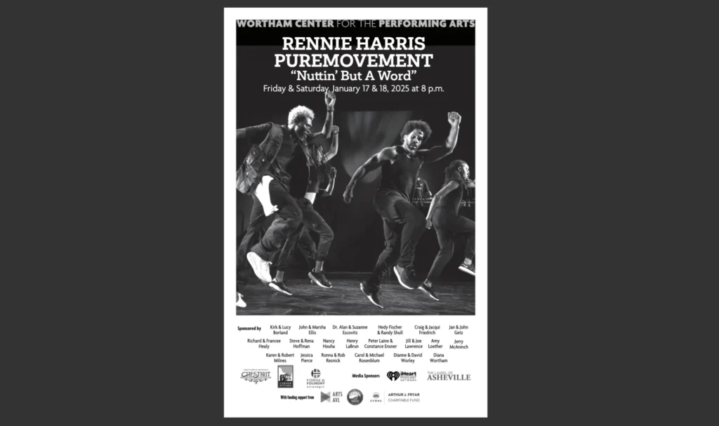 Rennie Harris Puremovement program cover for January 17 & 18, 2025 performances.